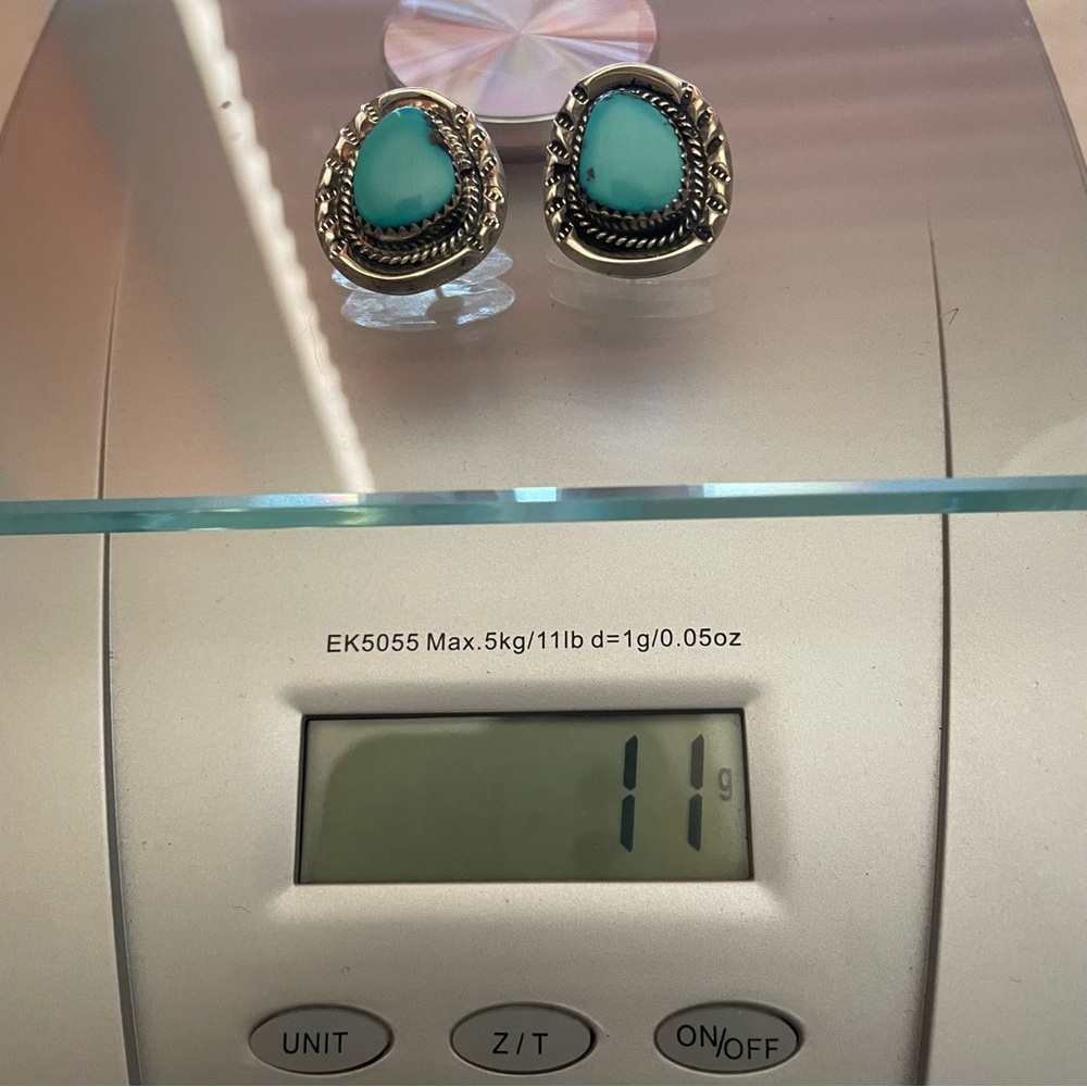 Southwest Vintage Turquoise Sterling Silver Post Earrings Unsigned Hand Made - Picture 6 of 14
